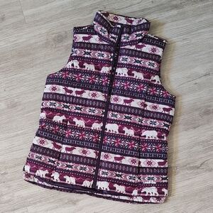 LANDS END Women's Purple Puffer Vest with Reindeer, Bear, Tree Detail SZ Small.